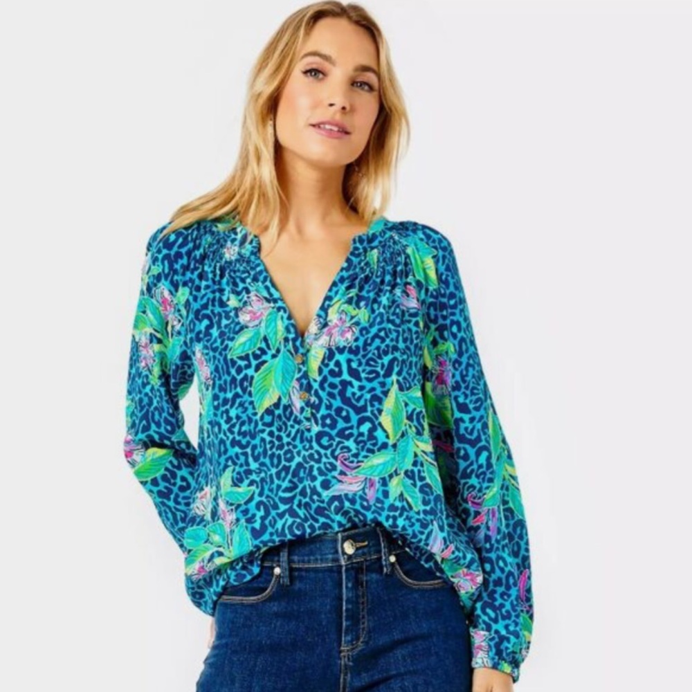 Lilly Pulitzer Formentera Turquoise Hot on the Spot Blue Silk Blouse Top - Picture 3 of 11